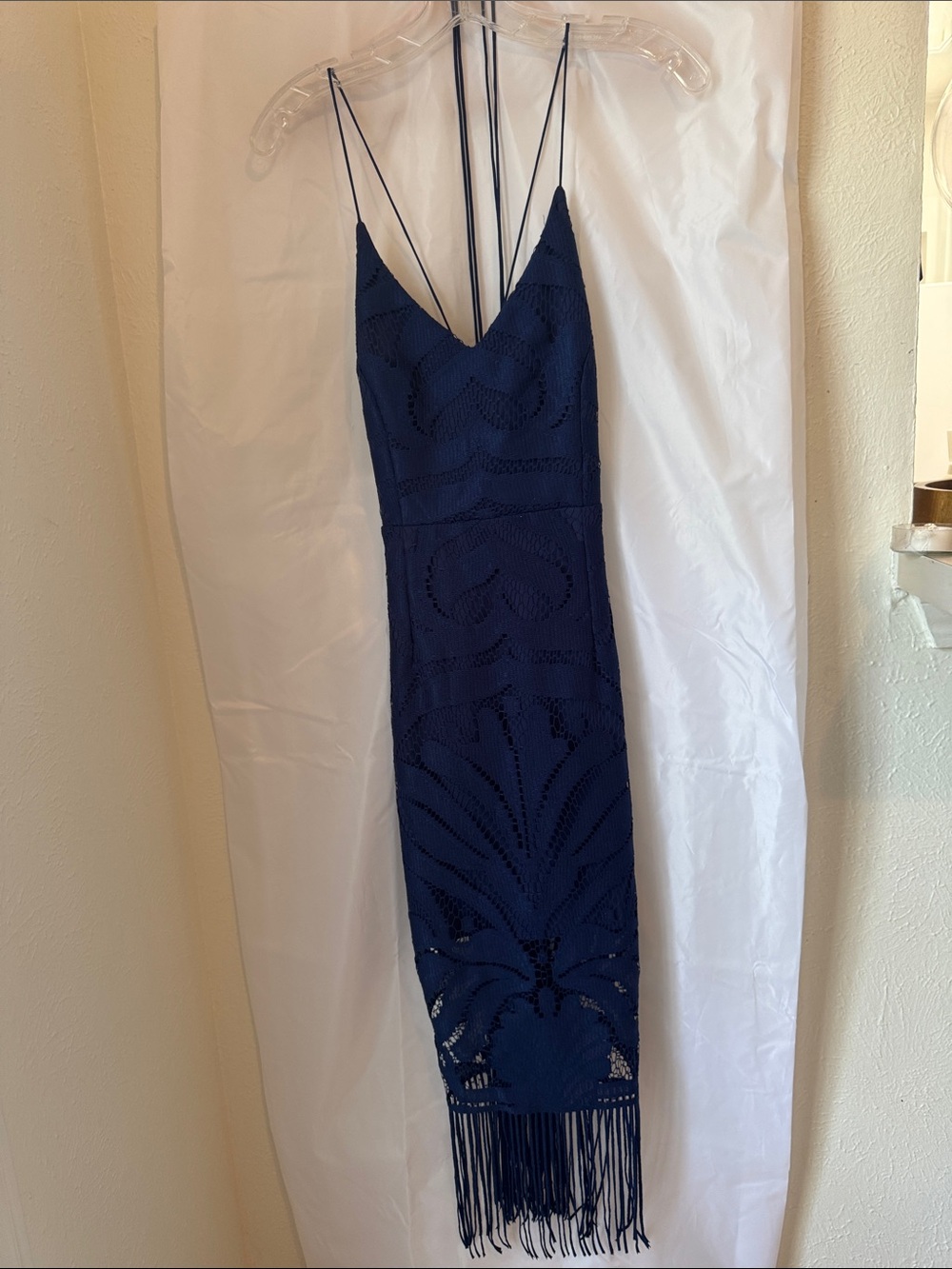 Spaghetti-Strap Navy Midi Dress with Fringe Hem